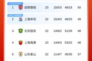中超最新积分榜：蓉城登顶，申花海港均输球，国安目前大比分落后